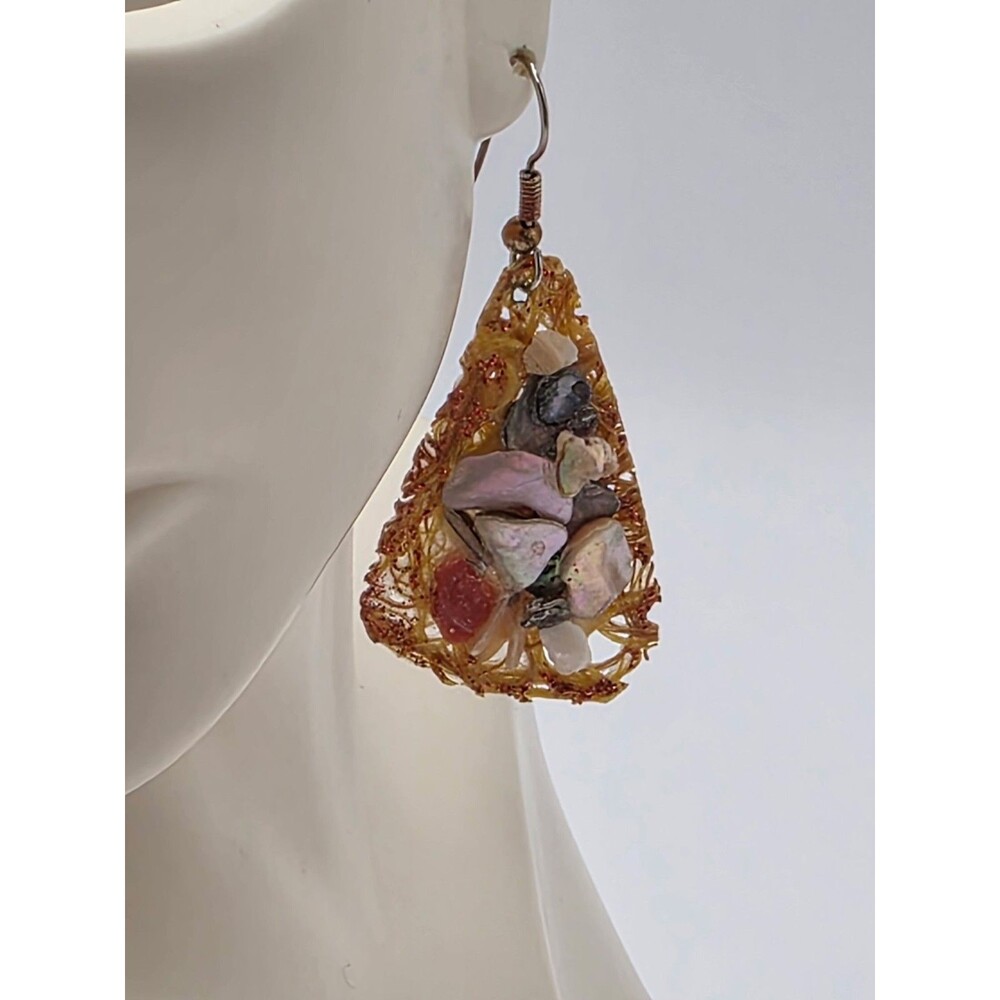 Multi Stones Triangle Pierced Dangle Handmade Earrings 2"